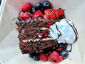 Vegan chocolate cake with fresh berries   at Reddy's Marvellous Dessert Parlour in Aberdeen