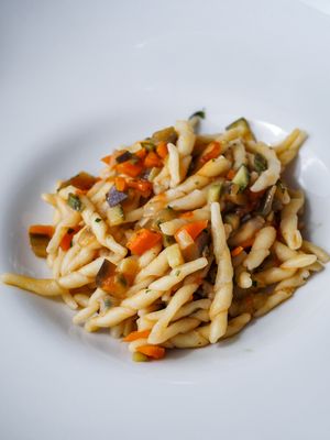 Trofiette and sautee veggies at Ristorante Corallo in Vallecrosia