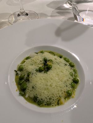 Crema di piselli, con piselli freschi crudi ed emulsione di baccelli e zeste di limone at Ristorante Corallo in Vallecrosia