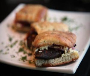 Mini vegan bbq burgers: portobello mushroom with vegan soy or daiya cheese, roasted red onion and bbq sauce. at EVO Kitchen in West Hollywood