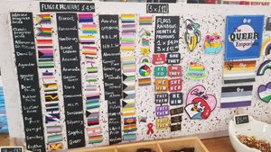 Flags and pronouns at The Queer Emporium in Cardiff