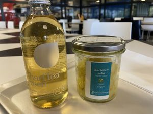 Vegan potato salad and iced tea   at Mensa Morgenstelle in Tubingen