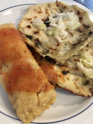 Vegetable tamale, and pupusas with mushrooms, spinach, and vegan cheese    at La Casita Pupuseria in Silver Spring