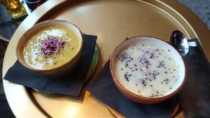 Courgette soup and Tom kha soup at Soups & Salads in Leeuwarden