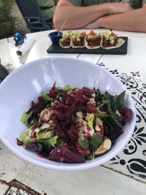 Hibiscus salad   at Chaman in Sayulita