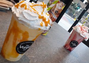 Mango milkshake and strawberry with whipped cream (50p extra!) at The Vurger Co in Manchester