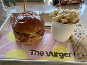 Brunch burger with a side of Mac and cheese  at The Vurger Co in Manchester