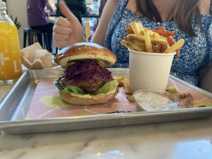 Honey mustard “chicken” burger with 50/50 chips  at The Vurger Co in Manchester