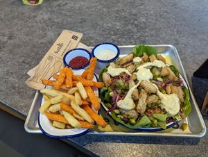 Faux chicken salad with half-and-half fries at The Vurger Co in Manchester