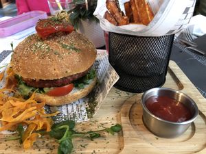 Vegan burger with sweet potato fries  at B&B Villare in Wijlre