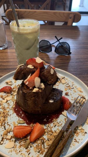 Matcha Golden Latte and Banana Bread French Toast  at Anchor Cafe in Inverness