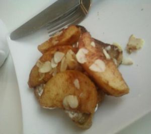 My dlectable breakfast; Apple cinnamon almond toast. I ate one piece then decided it was so pretty I just HAD to take a photo :) at Chomp Vegan Eatery in Vancouver