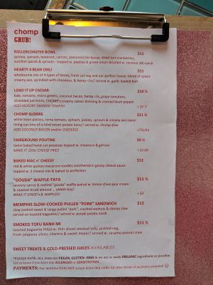 CHOMP Menu at Chomp Vegan Eatery in Vancouver