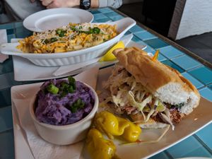 Pulled “Pork” Sandwich with Purple Mash  at Chomp Vegan Eatery in Vancouver