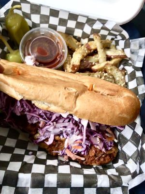 Memphis pulled pork sandwich to go! at Chomp Vegan Eatery in Vancouver