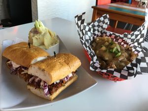 pull “pork” sandwich and poutine  at Chomp Vegan Eatery in Vancouver
