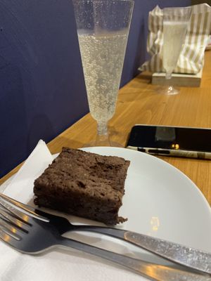Brownie (and complimentary fizz last Christmas)  at Amicis in Todmorden
