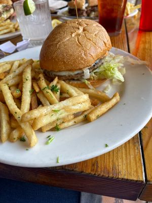 Vegan burger and crispy fries  at Radio Room in Portland