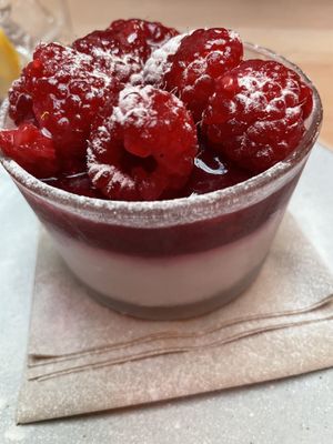 Raspberry and elderflower mousse  at Saramago Cafe Bar in Glasgow