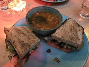 Norwegian Beta soup and Wild mushroom and hazelnut sandwich   at Saramago Cafe Bar in Glasgow