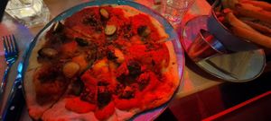 Pizza and chips at Saramago Cafe Bar in Glasgow