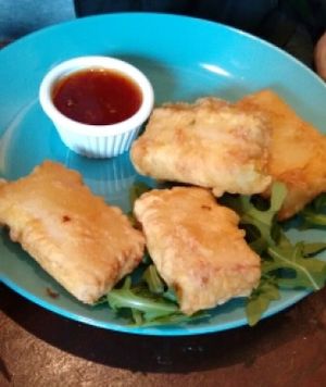 deep fried tofu, soft on the inside, crispy on the outside. at Saramago Cafe Bar in Glasgow