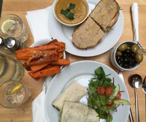 sandwiches, soup and fries at Saramago Cafe Bar in Glasgow