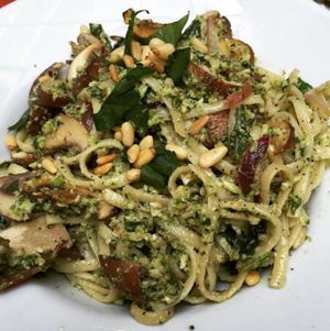broccoli and hazelnut pesto pasta  at Saramago Cafe Bar in Glasgow