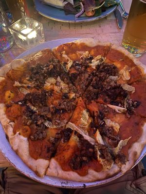 Haggis, Brussel sprout and fennel pizza   at Saramago Cafe Bar in Glasgow