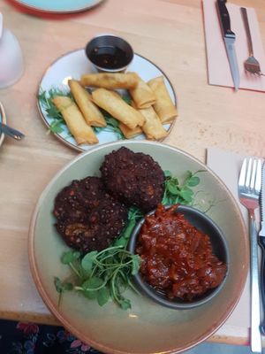 Spring rolls and Harris at Saramago Cafe Bar in Glasgow