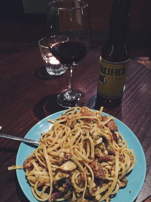 Walnut pesto linguini  at Saramago Cafe Bar in Glasgow