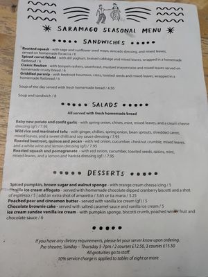 Saramago Menu at Saramago Cafe Bar in Glasgow