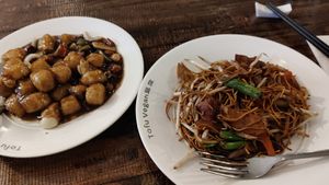 Gong Bao chicken with peanuts and stir fry noodles at Tofu Vegan - Golders Green in North West London