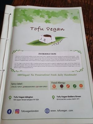 Menu at Tofu Vegan - Golders Green in North West London
