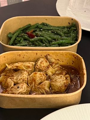 Green beans and won tons  at Tofu Vegan - Golders Green in North West London
