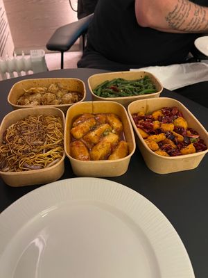 Chefs special tofu, veg noodles and mock chicken with loads of chillis at Tofu Vegan - Golders Green in North West London