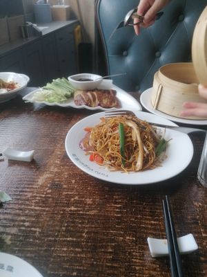 Jewelled vegan noodles with fake meats - delicious, vegan duck with pancakes at Tofu Vegan - Golders Green in North West London