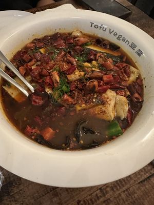 Sliced fisc in sizzling chilli oil 🌶️🌶️🌶️  at Tofu Vegan - Golders Green in North West London