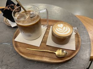 iced latte and cortado  at Nanø Coffee Lab in Mallorca