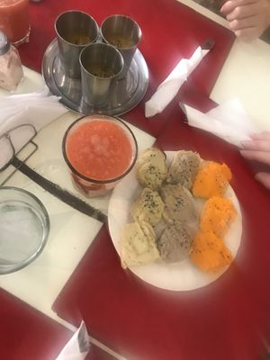 free starter - soup and bread with hummus, carrot and lentil spreads  at Naturaleza Sabia in Buenos Aires