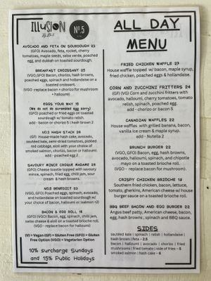 Regular menu  at No.5 Cafe in Fortitude Valley