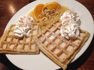 Waffles with apple sauce and cream  at Falscher Hase in Dresden