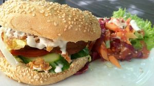 Tomato-seitan patty. Good choice! at Falscher Hase in Dresden