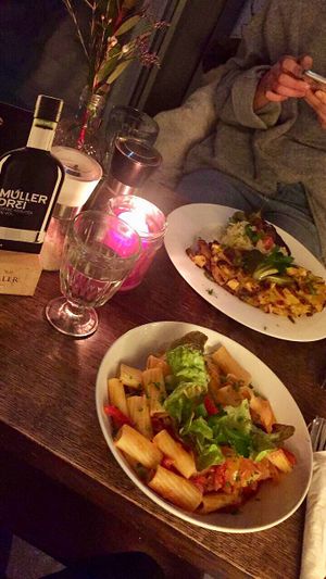 sweet chilli pasta and vegan omelet  at Falscher Hase in Dresden