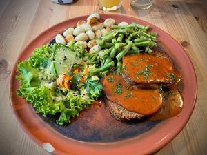 Nut loaf with gnocci and green beans   at Falscher Hase in Dresden