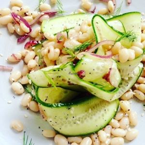 white bean salad with cucumber, red onion, dille and auberginespread at Marits Eetkamer in Amsterdam