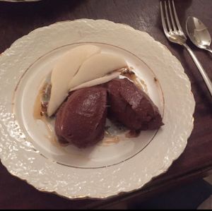 chocolate mouse with pear  at Marits Eetkamer in Amsterdam
