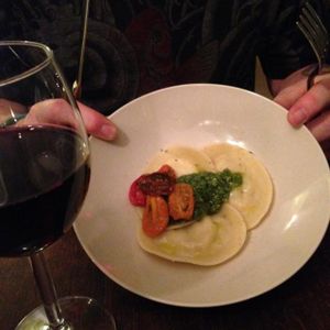 Jerusalem artichoke ravioli with home made pesto at Marits Eetkamer in Amsterdam