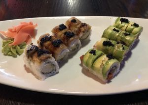 Vegan Black Dragon (vegan eel) and Green Goddess (vegan tuna)  at Blue Sushi Sake Grill in Nashville