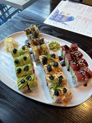 Left to right: Green goddess, Shiitake to me (top), Spicy Avo Kaluna Crunch (bottom), Avo Kaluna Crunch    at Blue Sushi Sake Grill in Nashville